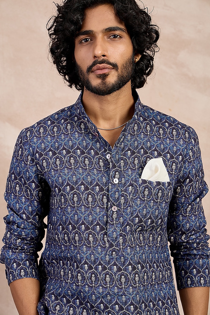 Navy Linen Ajrakh Printed Kurta Set by ARJAN DUGAL at Pernia's Pop Up Shop