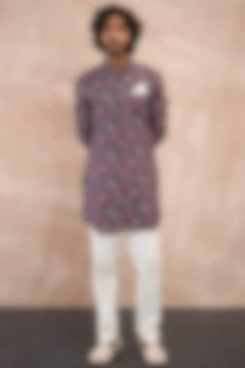 Navy Linen Printed Kurta Set by ARJAN DUGAL at Pernia's Pop Up Shop