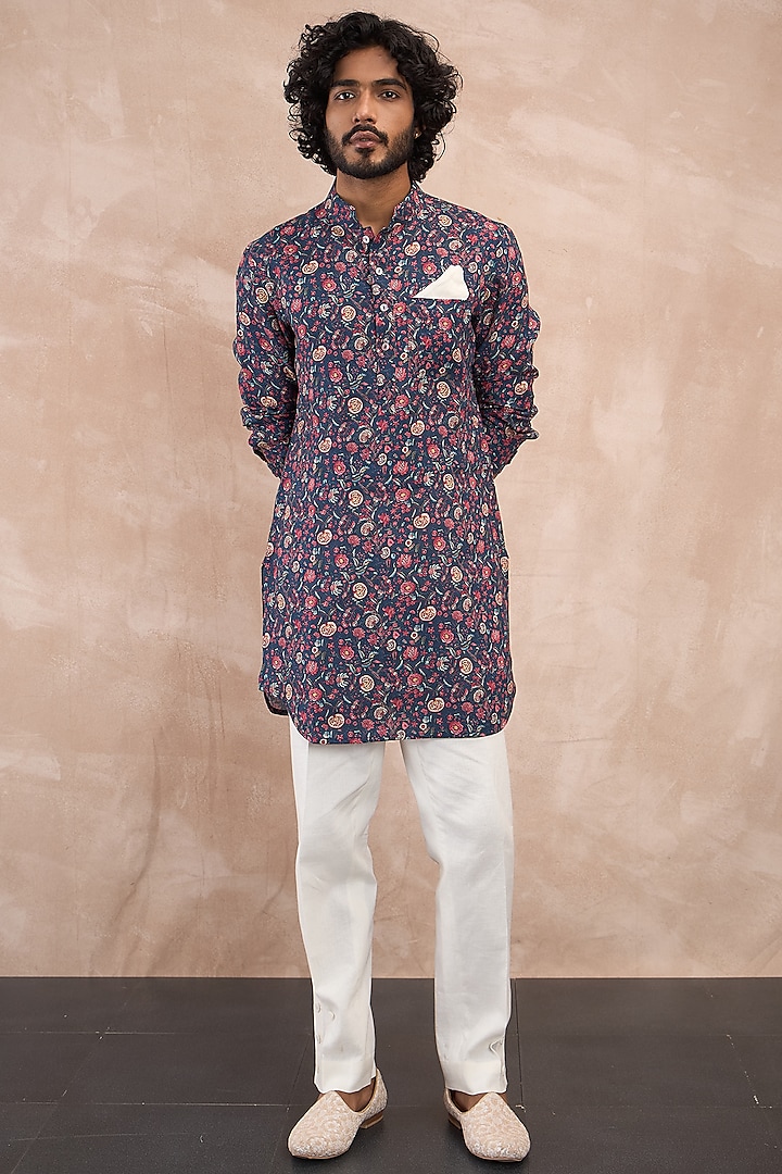 Navy Linen Printed Kurta Set by ARJAN DUGAL at Pernia's Pop Up Shop