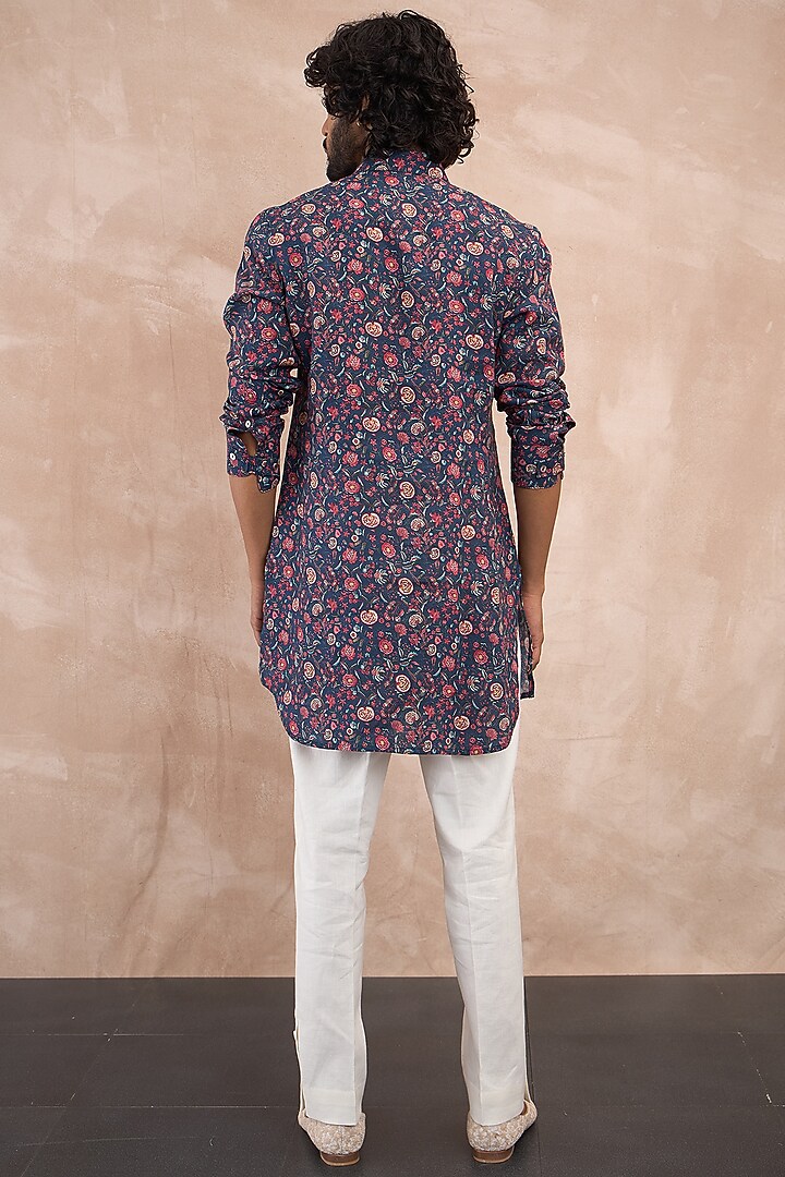 Navy Linen Printed Kurta Set by ARJAN DUGAL at Pernia's Pop Up Shop