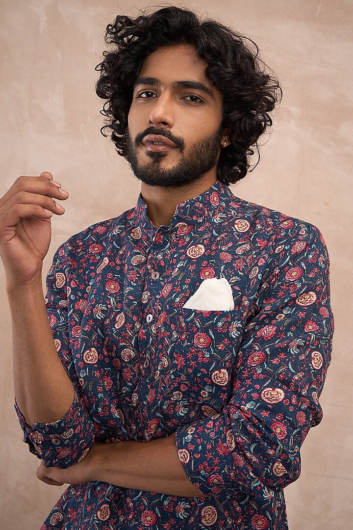 Navy Linen Printed Kurta Set by ARJAN DUGAL at Pernia's Pop Up Shop