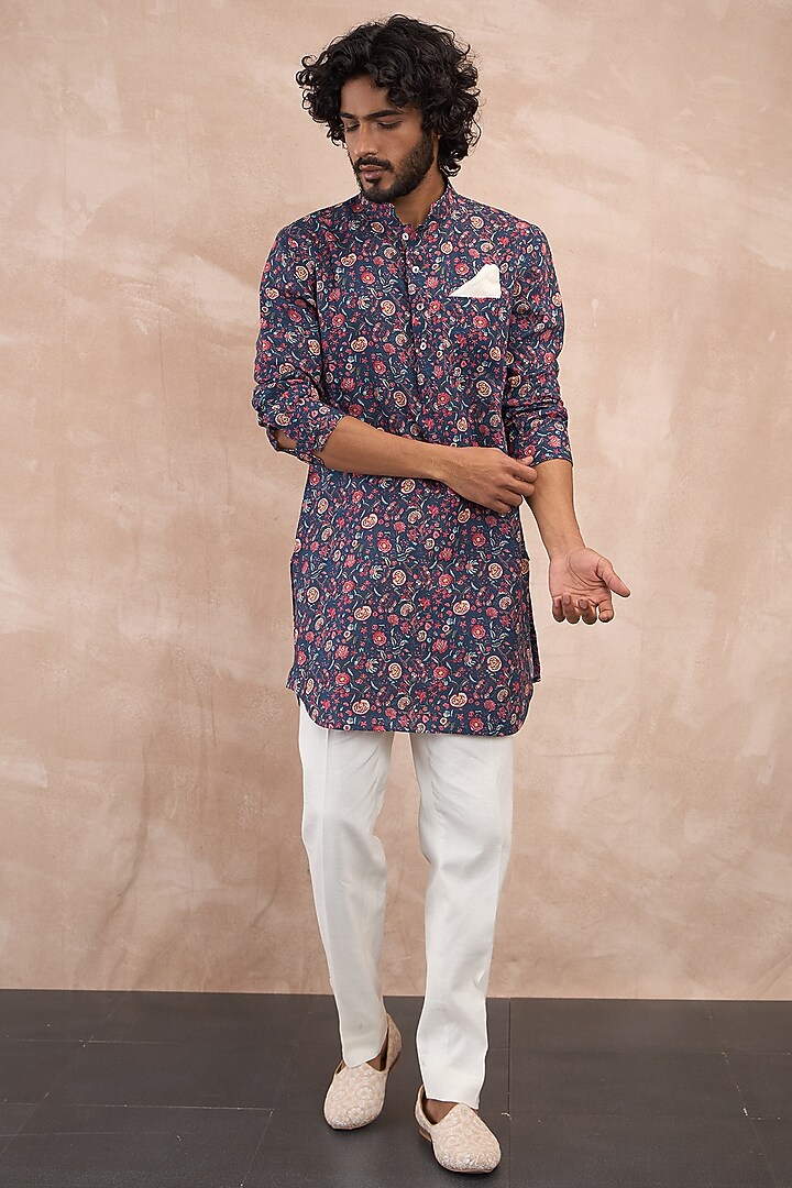 Navy Linen Printed Kurta Set by ARJAN DUGAL at Pernia's Pop Up Shop