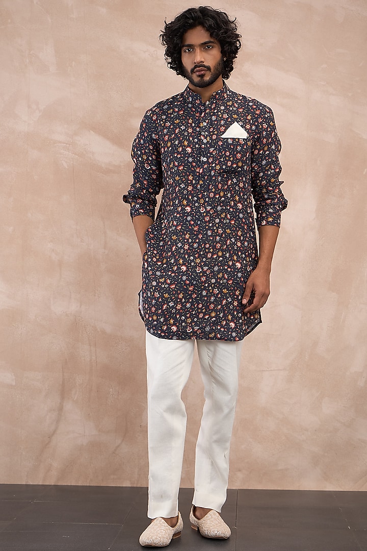 Olive Linen Printed Kurta Set by ARJAN DUGAL