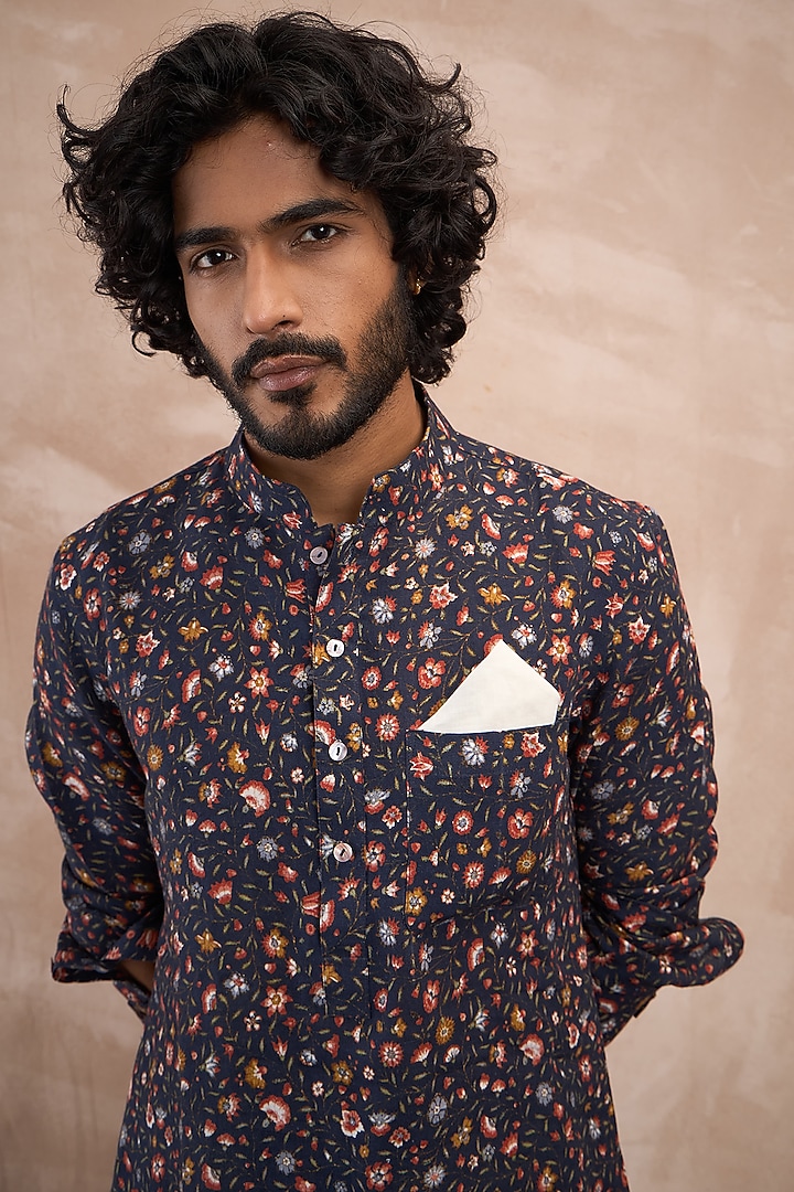 Olive Linen Printed Kurta Set by ARJAN DUGAL at Pernia's Pop Up Shop