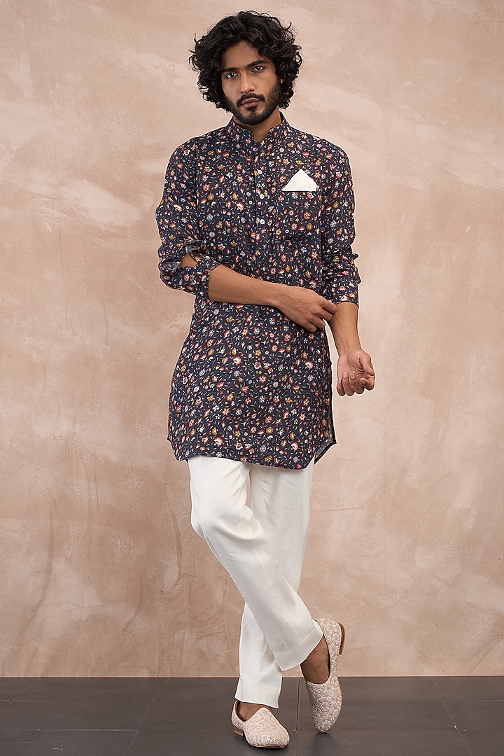 Olive Linen Printed Kurta Set by ARJAN DUGAL at Pernia's Pop Up Shop