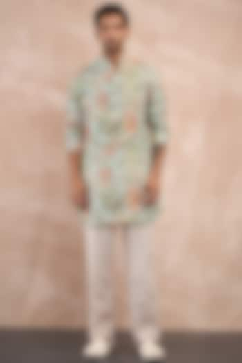 Sea Green Linen Printed Kurta Set by ARJAN DUGAL