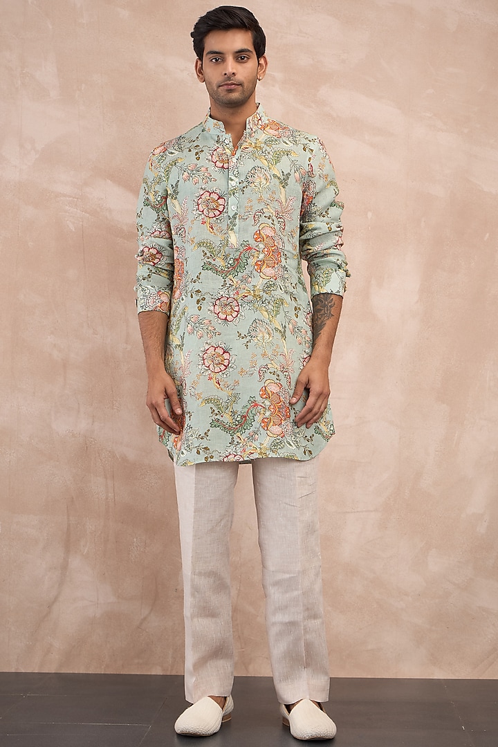 Sea Green Linen Printed Kurta Set by ARJAN DUGAL