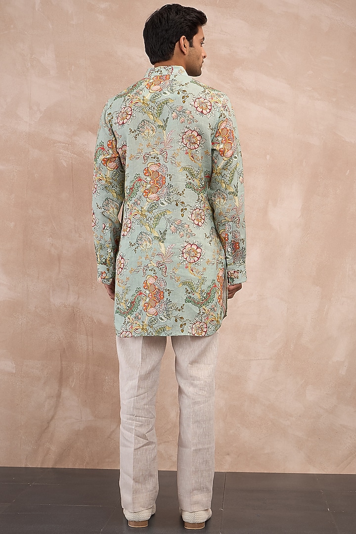 Sea Green Linen Printed Kurta Set by ARJAN DUGAL at Pernia's Pop Up Shop