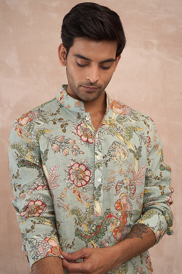 Sea Green Linen Printed Kurta Set by ARJAN DUGAL at Pernia's Pop Up Shop