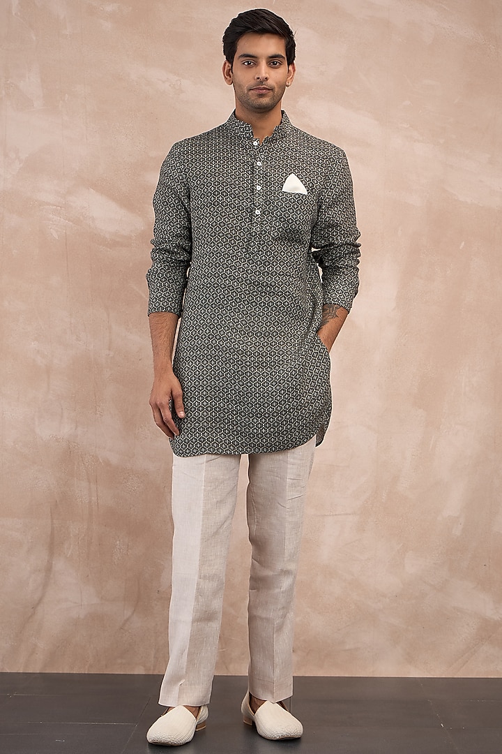 Olive Linen Printed Kurta Set by ARJAN DUGAL