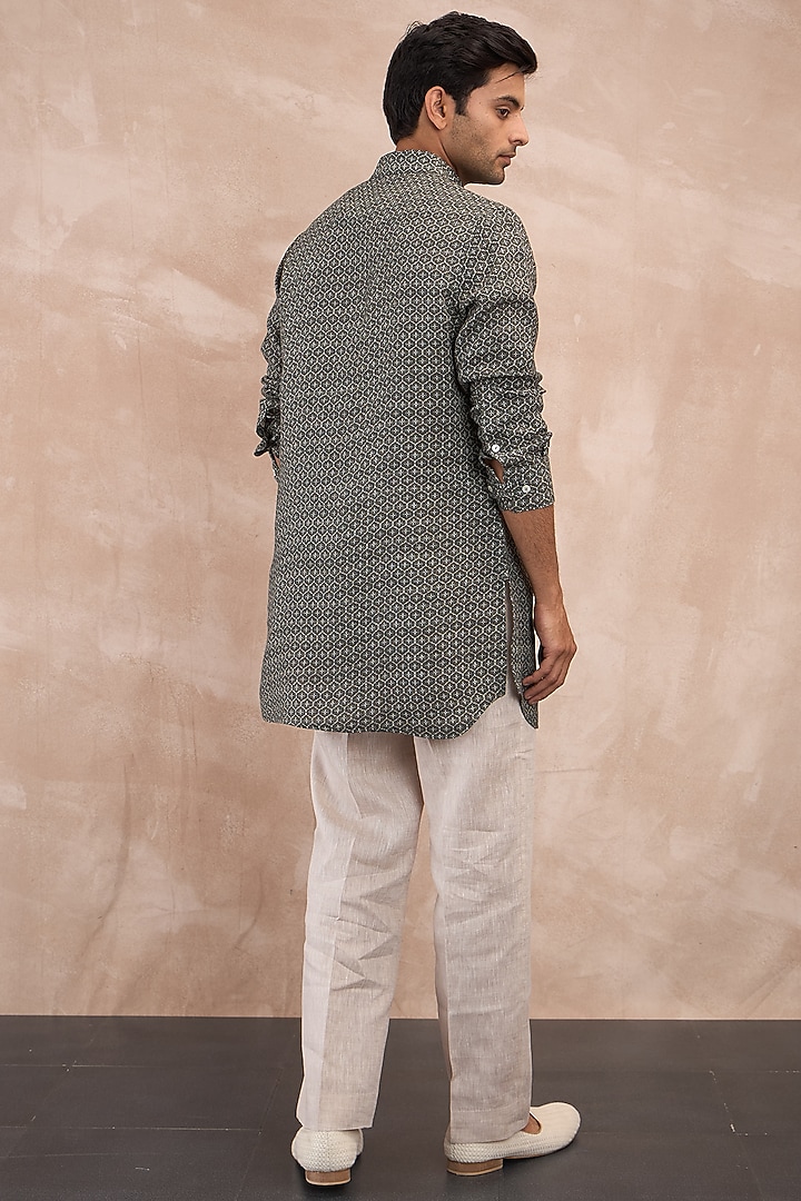 Olive Linen Printed Kurta Set by ARJAN DUGAL at Pernia's Pop Up Shop