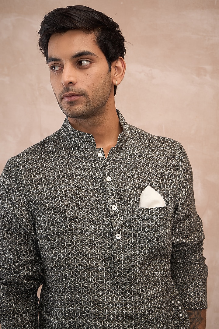 Olive Linen Printed Kurta Set by ARJAN DUGAL at Pernia's Pop Up Shop