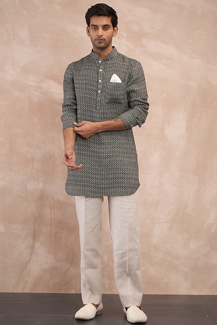 Olive Linen Printed Kurta Set by ARJAN DUGAL at Pernia's Pop Up Shop