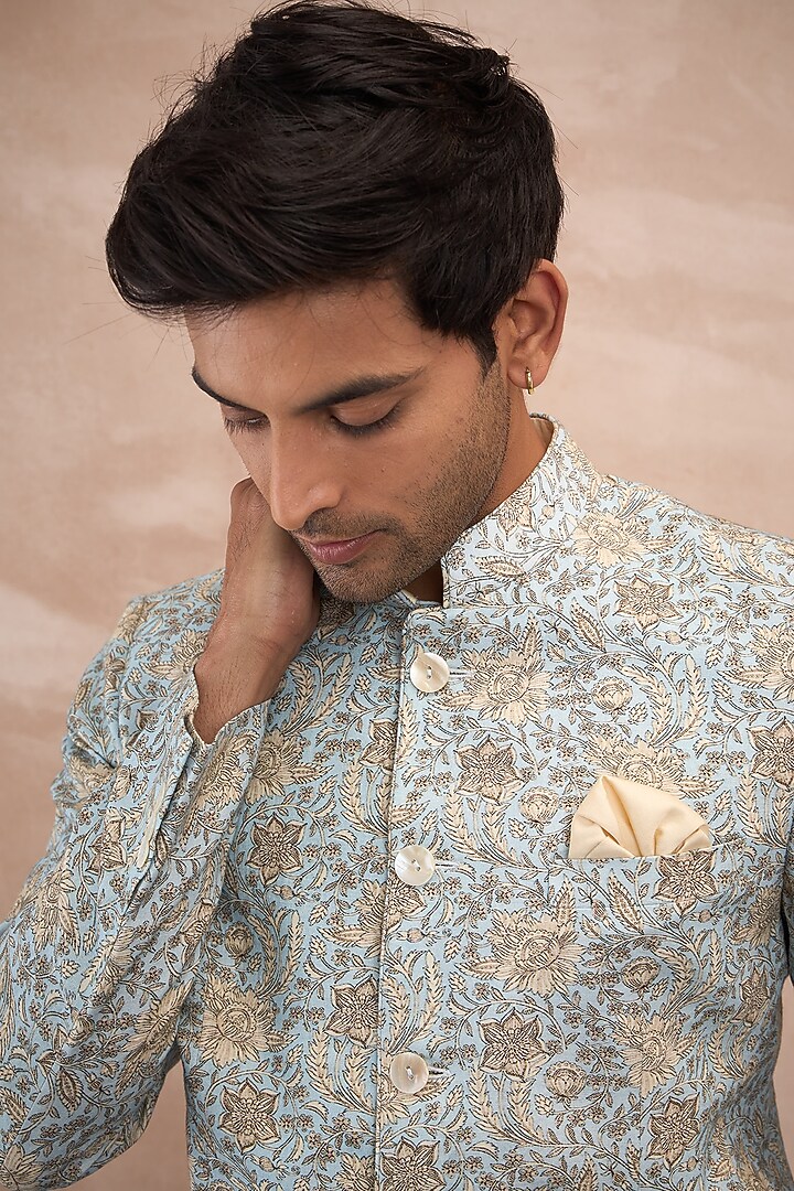 Powder Blue Linen Printed Wedding Bandhgala Set by ARJAN DUGAL at Pernia's Pop Up Shop