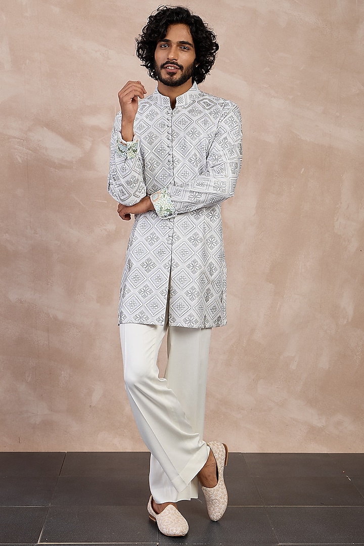 Grey & Ivory Chanderi Silk Printed Kurta Set by ARJAN DUGAL at Pernia's Pop Up Shop