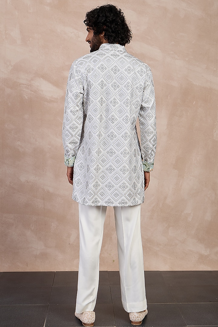 Grey & Ivory Chanderi Silk Printed Kurta Set by ARJAN DUGAL at Pernia's Pop Up Shop