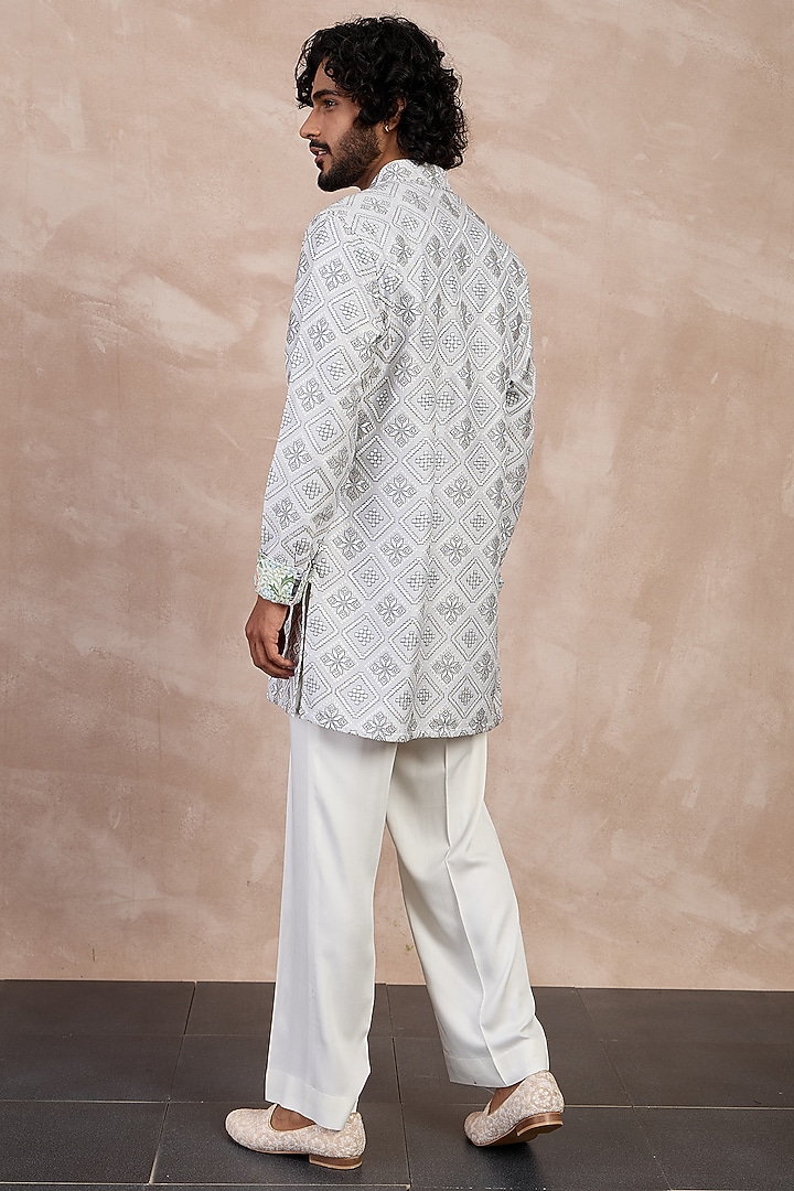 Grey & Ivory Chanderi Silk Printed Kurta Set by ARJAN DUGAL at Pernia's Pop Up Shop