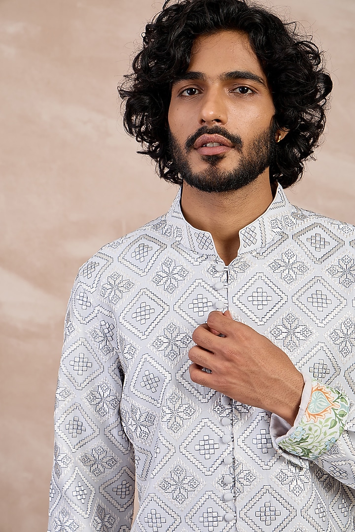 Grey & Ivory Chanderi Silk Printed Kurta Set by ARJAN DUGAL at Pernia's Pop Up Shop