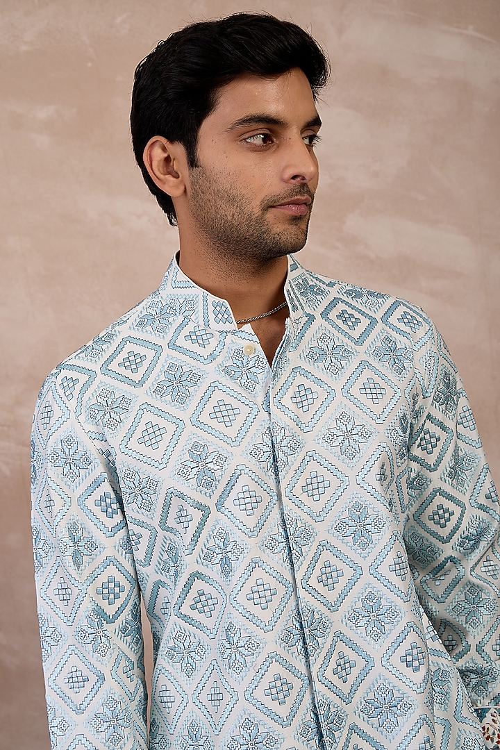 Powder Blue & Ivory Chanderi Silk Printed Kurta Set by ARJAN DUGAL at Pernia's Pop Up Shop