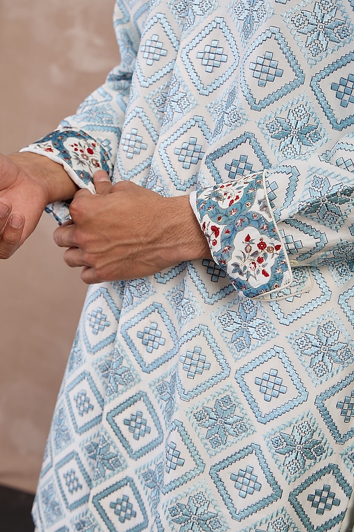 Powder Blue & Ivory Chanderi Silk Printed Kurta Set by ARJAN DUGAL at Pernia's Pop Up Shop