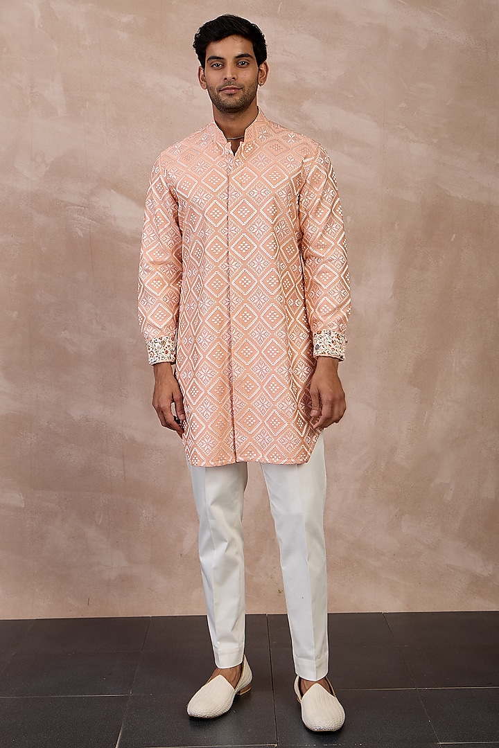 Peach & Ivory Chanderi Silk Printed Kurta Set by ARJAN DUGAL at Pernia's Pop Up Shop