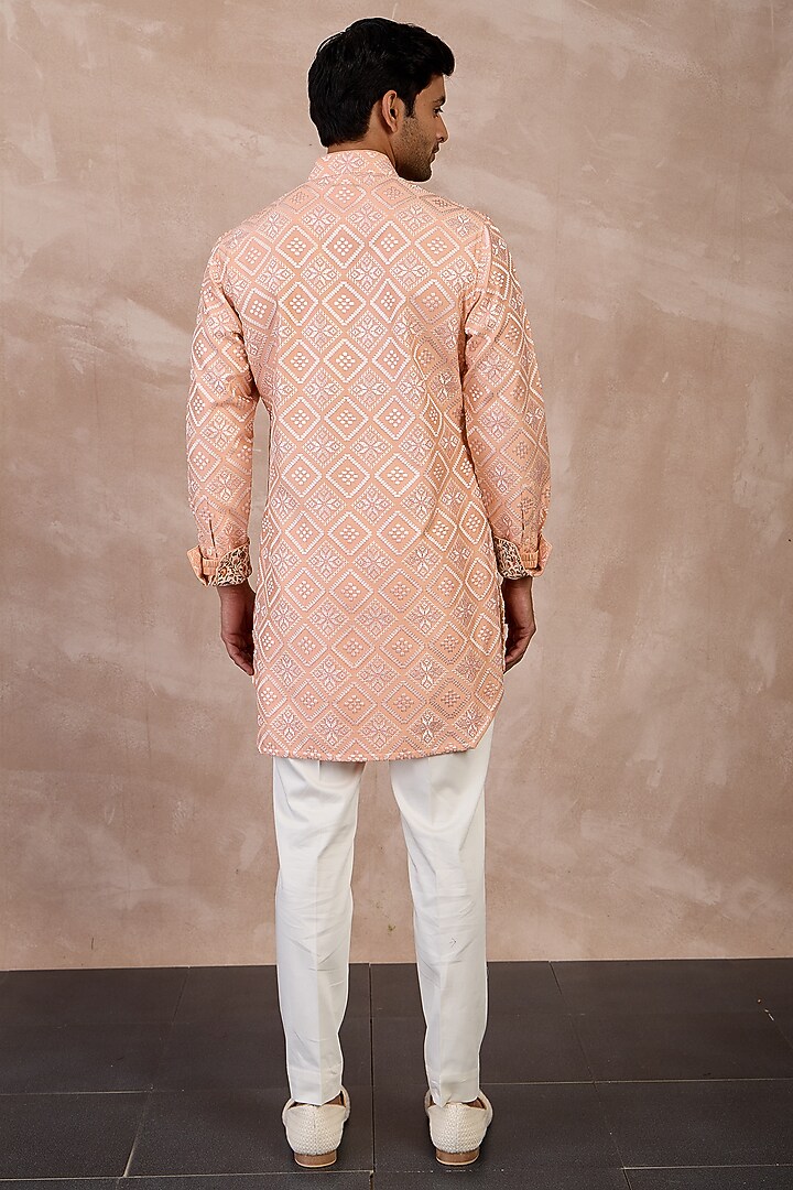 Peach & Ivory Chanderi Silk Printed Kurta Set by ARJAN DUGAL at Pernia's Pop Up Shop