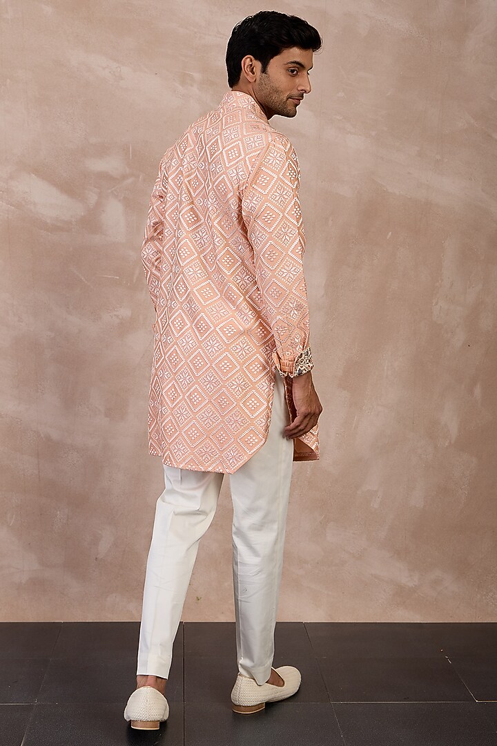 Peach & Ivory Chanderi Silk Printed Kurta Set by ARJAN DUGAL at Pernia's Pop Up Shop