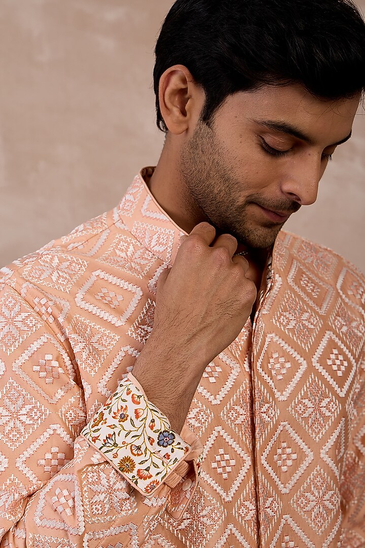 Peach & Ivory Chanderi Silk Printed Kurta Set by ARJAN DUGAL at Pernia's Pop Up Shop