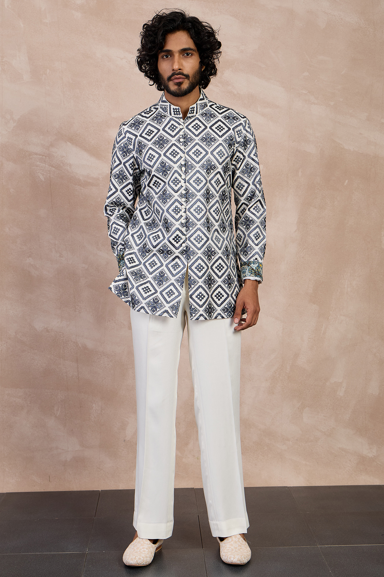Ivory & Charcoal Chanderi Silk Thread Embroidered Kurta Set by ARJAN DUGAL at Pernia's Pop Up Shop