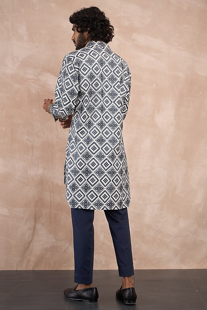 Ivory & Charcoal Chanderi Silk Printed Kurta Set by ARJAN DUGAL at Pernia's Pop Up Shop