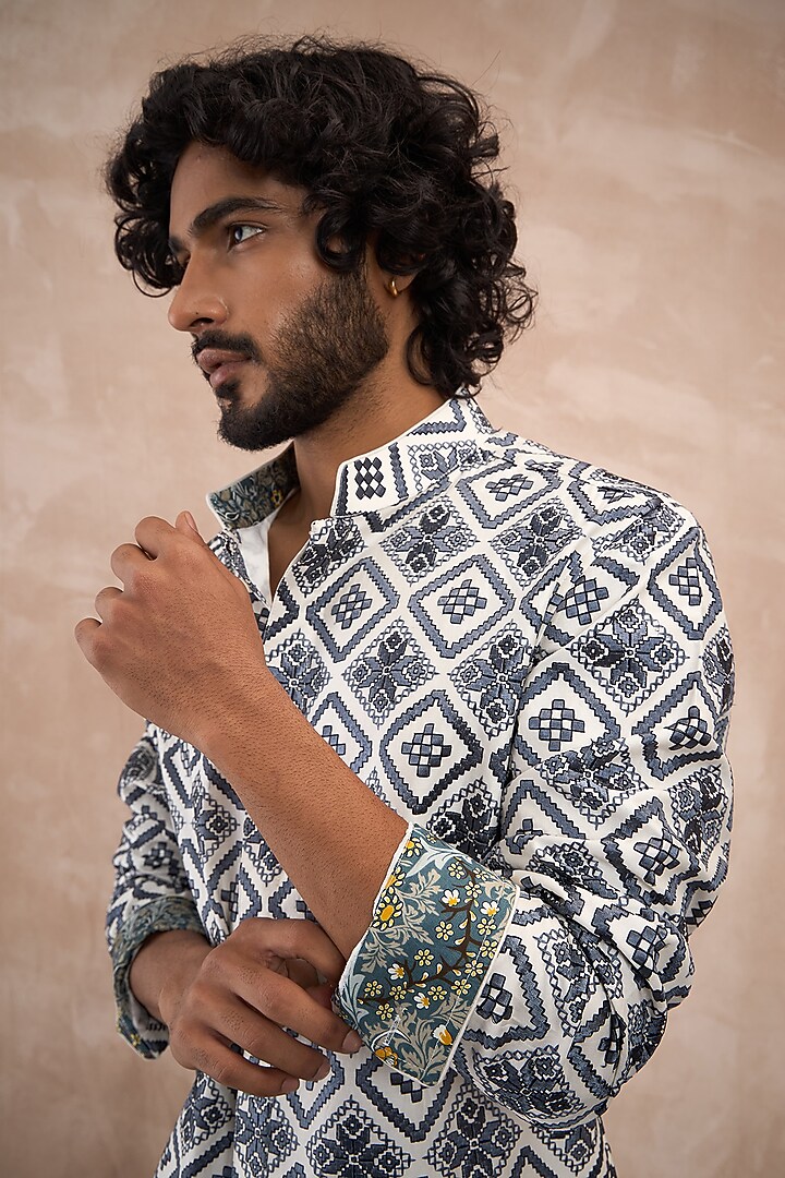 Ivory & Charcoal Chanderi Silk Printed Kurta Set by ARJAN DUGAL at Pernia's Pop Up Shop