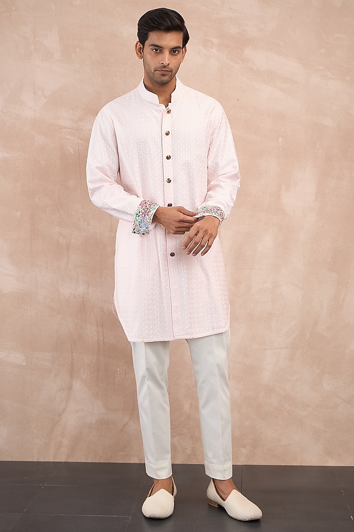 Powder Pink Chanderi Silk Jaal Printed Kurta Set by ARJAN DUGAL