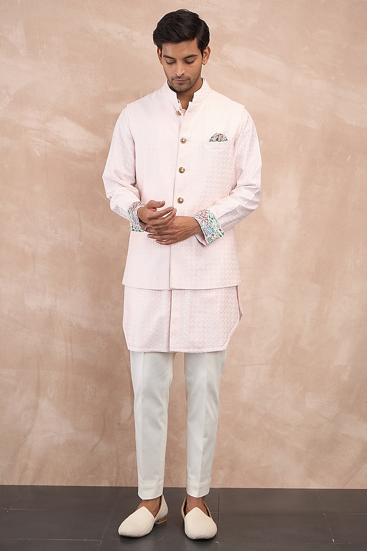 Powder Pink Chanderi Silk Jaal Printed & Motifs Embroidered Nehru Jacket Set by ARJAN DUGAL at Pernia's Pop Up Shop