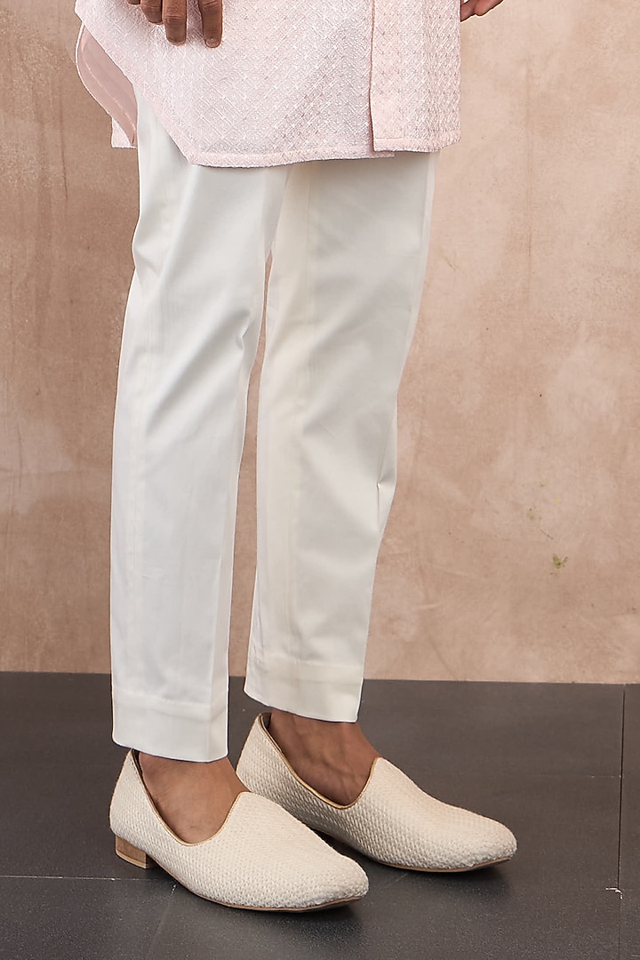 Powder Pink Chanderi Silk Jaal Printed & Motifs Embroidered Nehru Jacket Set by ARJAN DUGAL at Pernia's Pop Up Shop