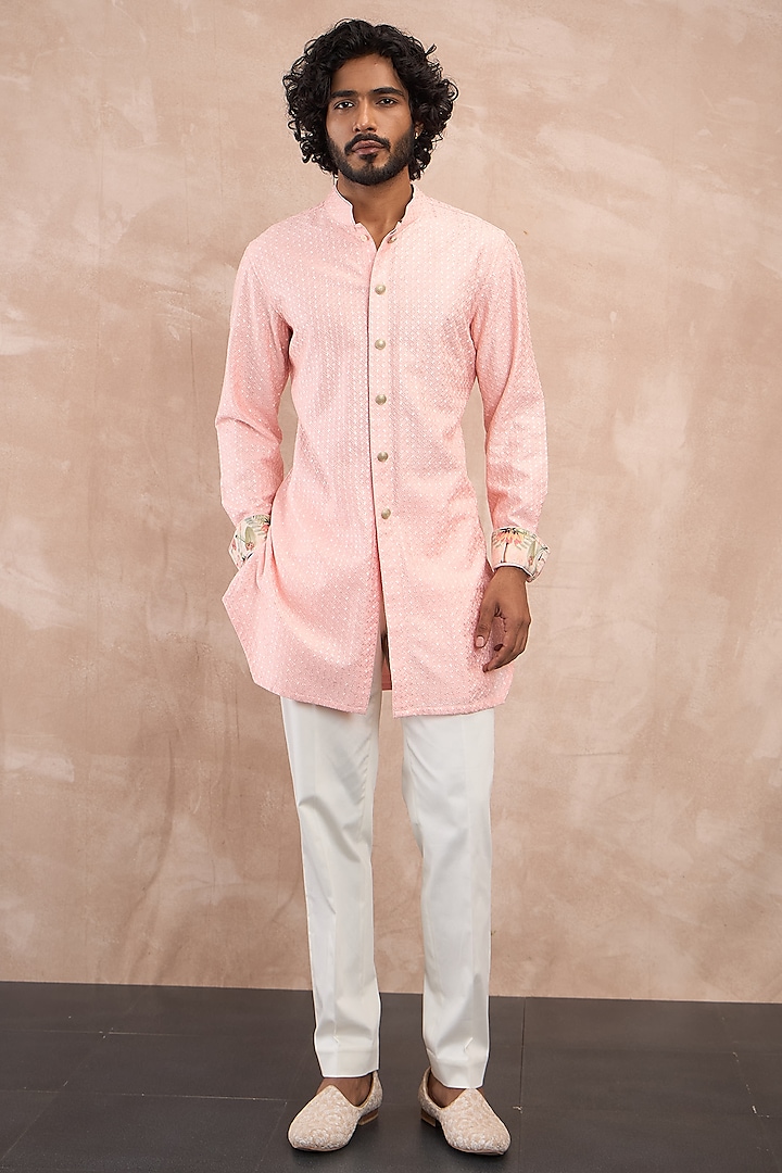 Cotton Candy Pink Chanderi Silk Jaal Printed Kurta Set by ARJAN DUGAL