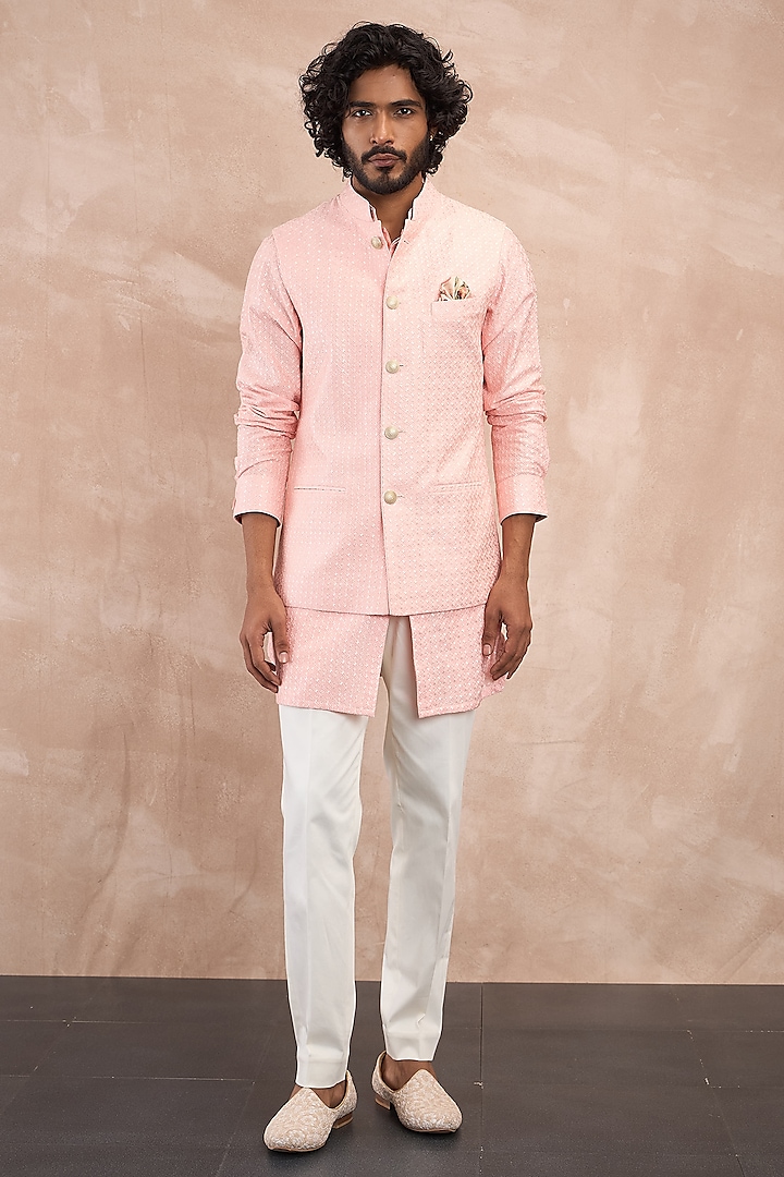 Cotton Candy Pink Chanderi Silk & Cotton Satin Botanical Printed Nehru Jacket by ARJAN DUGAL at Pernia's Pop Up Shop