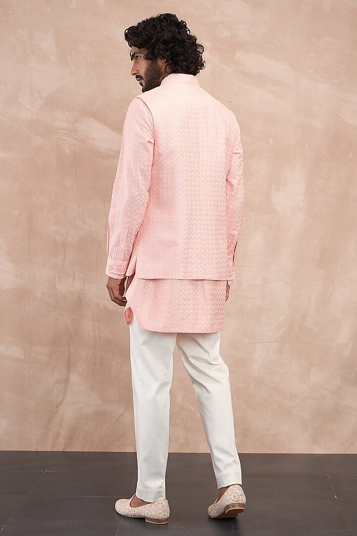 Cotton Candy Pink Chanderi Silk & Cotton Satin Botanical Printed Nehru Jacket by ARJAN DUGAL at Pernia's Pop Up Shop