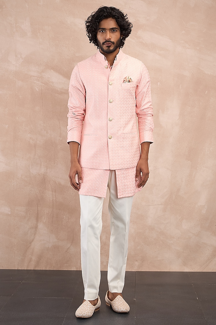 Cotton Candy Pink Chanderi Silk Botanical Printed Nehru Jacket Set by ARJAN DUGAL at Pernia's Pop Up Shop