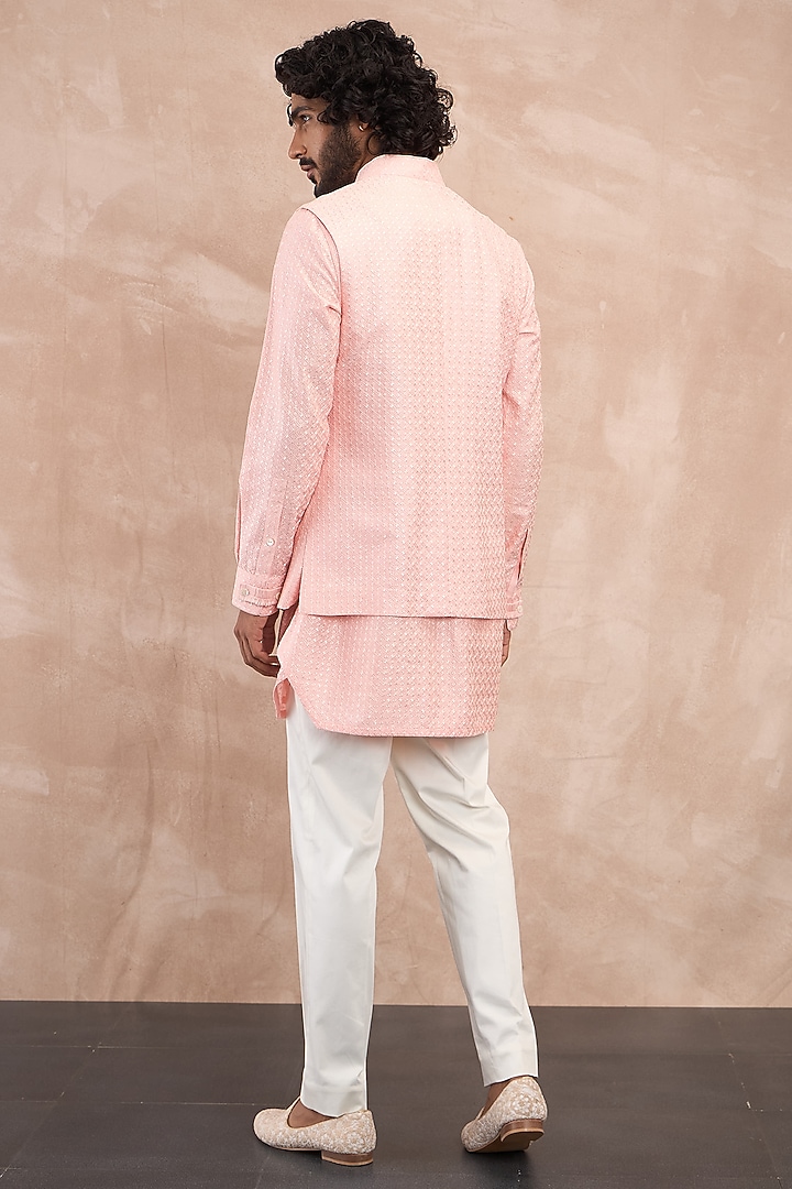 Cotton Candy Pink Chanderi Silk Botanical Printed Nehru Jacket Set by ARJAN DUGAL at Pernia's Pop Up Shop