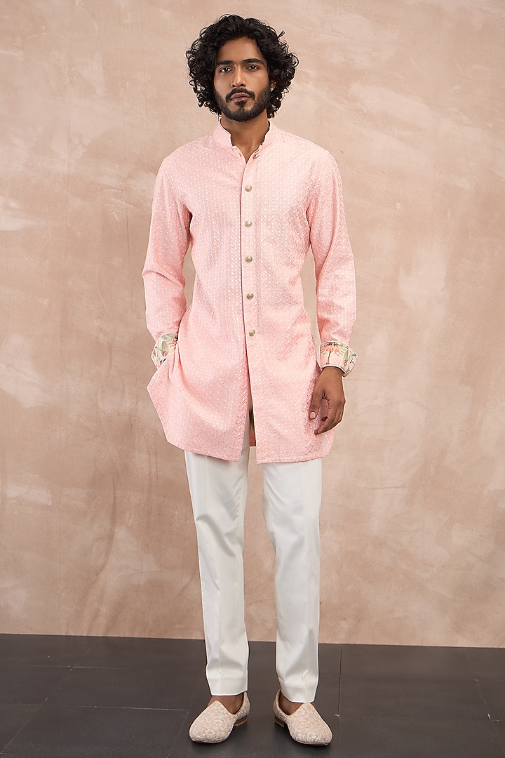 Cotton Candy Pink Chanderi Silk Botanical Printed Nehru Jacket Set by ARJAN DUGAL at Pernia's Pop Up Shop
