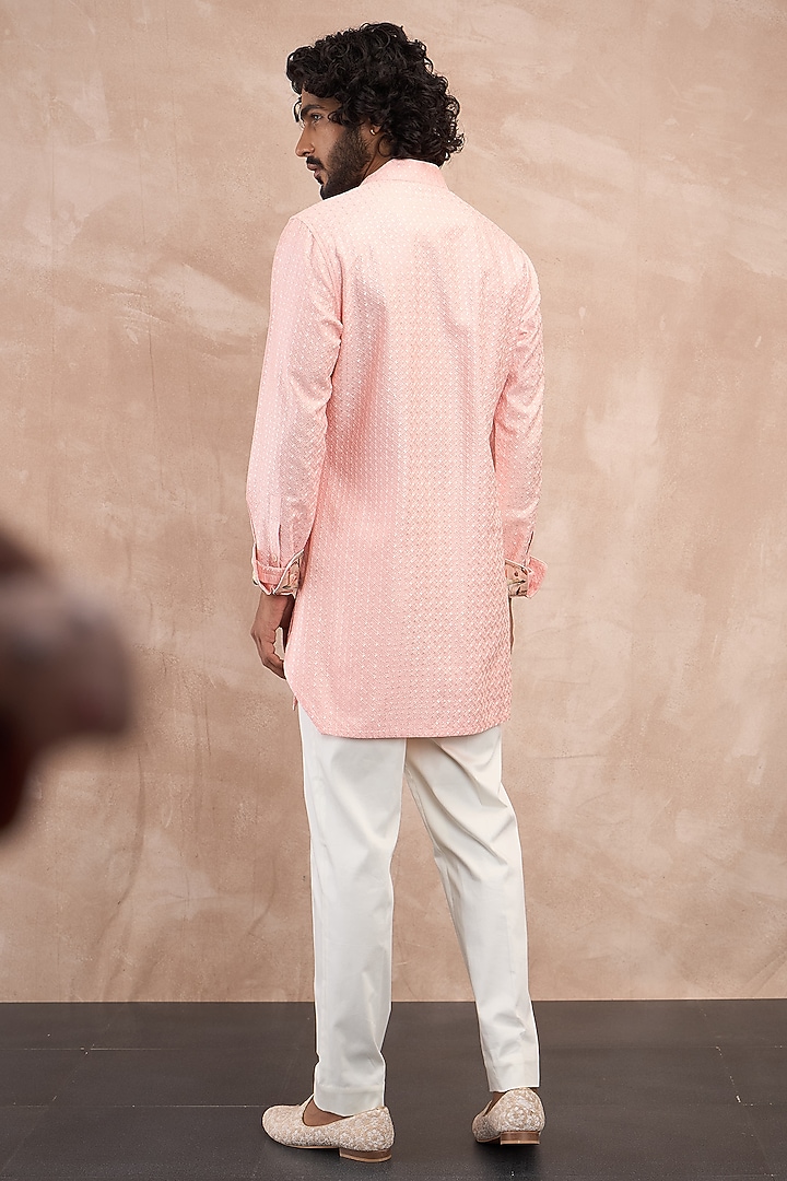 Cotton Candy Pink Chanderi Silk Botanical Printed Nehru Jacket Set by ARJAN DUGAL at Pernia's Pop Up Shop
