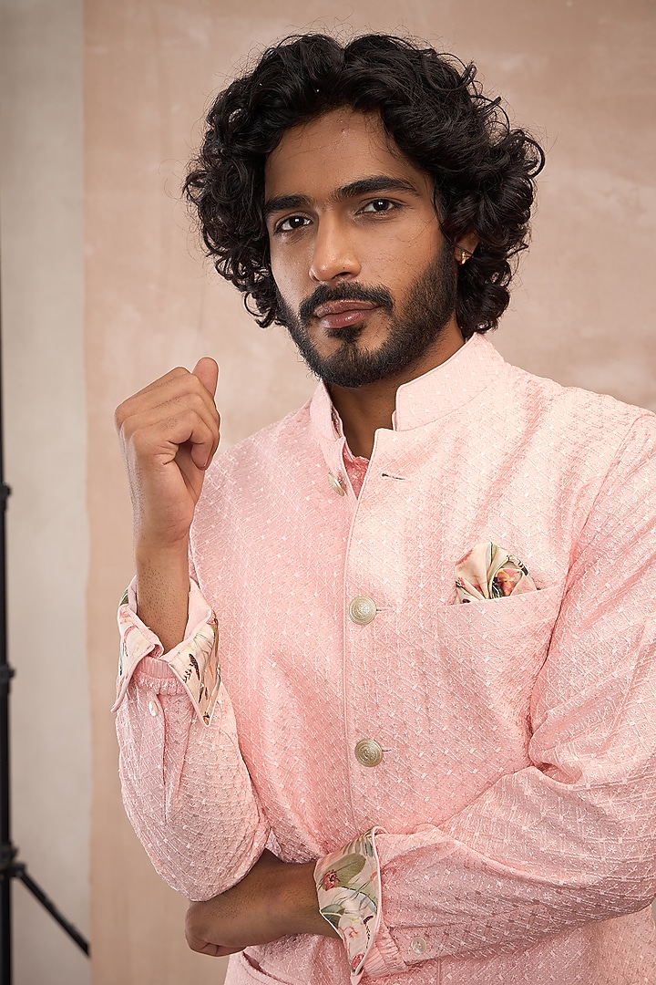 Cotton Candy Pink Chanderi Silk Botanical Printed Nehru Jacket Set by ARJAN DUGAL at Pernia's Pop Up Shop