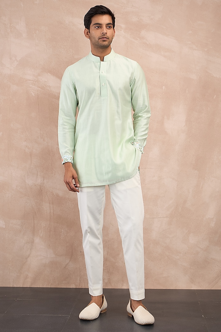 Mint Green Chanderi Silk Jaal Printed Kurta Set by ARJAN DUGAL at Pernia's Pop Up Shop