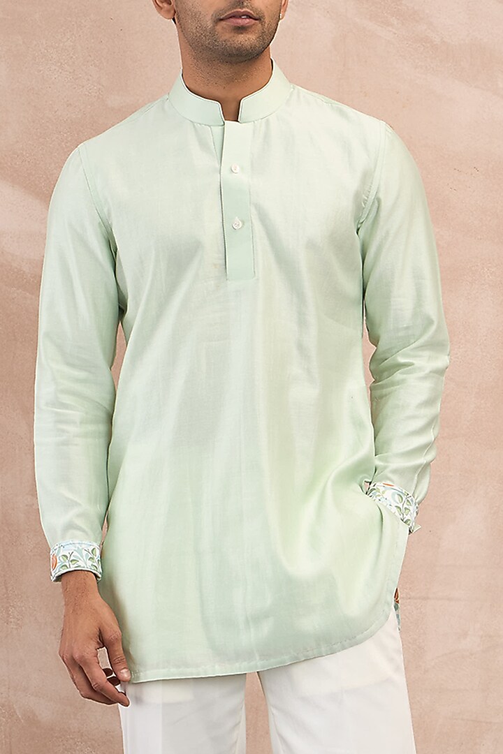 Mint Green Chanderi Silk Jaal Printed Kurta Set by ARJAN DUGAL at Pernia's Pop Up Shop