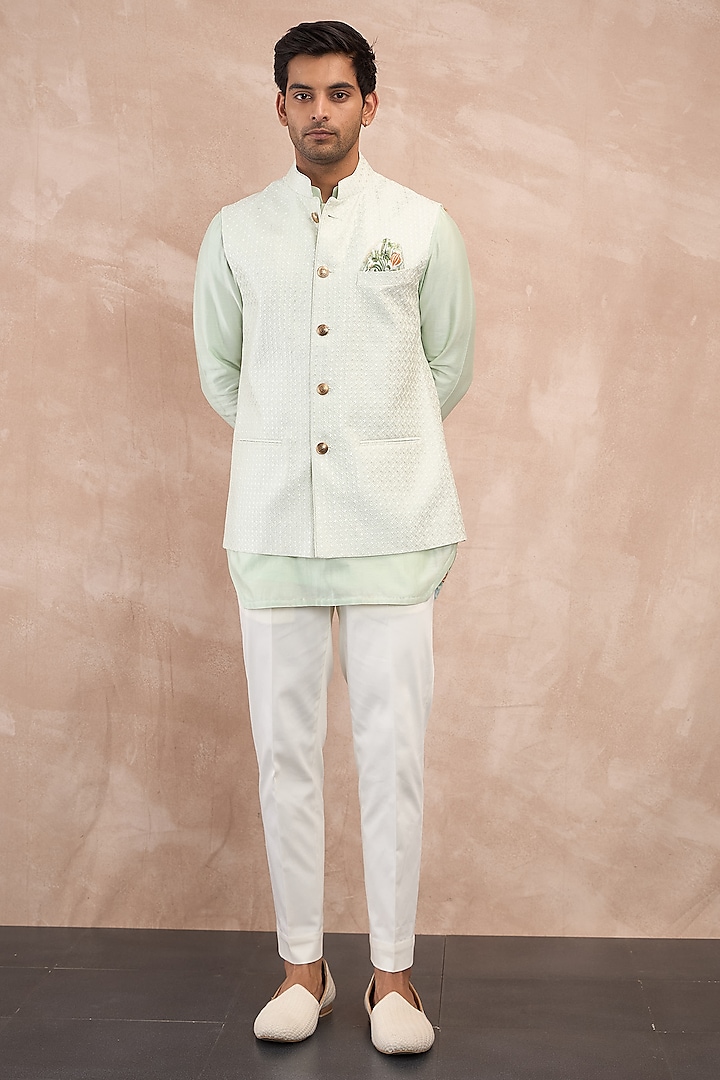 Mint Green Chanderi Silk Jaal Printed Nehru Jacket by ARJAN DUGAL at Pernia's Pop Up Shop