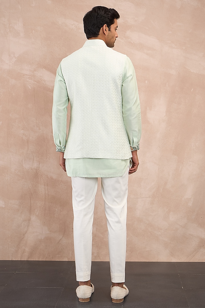Mint Green Chanderi Silk Jaal Printed Nehru Jacket by ARJAN DUGAL at Pernia's Pop Up Shop