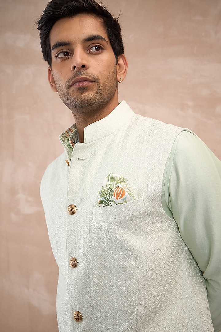 Mint Green Chanderi Silk Jaal Printed Nehru Jacket by ARJAN DUGAL at Pernia's Pop Up Shop