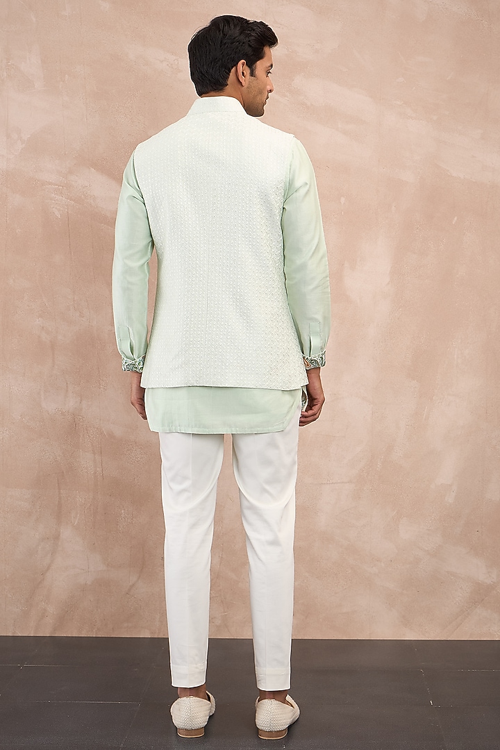 Mint Green Chanderi Silk Jaal Printed Nehru Jacket Set by ARJAN DUGAL at Pernia's Pop Up Shop