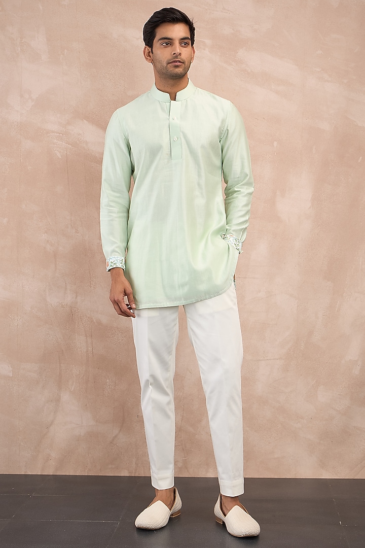 Mint Green Chanderi Silk Jaal Printed Nehru Jacket Set by ARJAN DUGAL at Pernia's Pop Up Shop