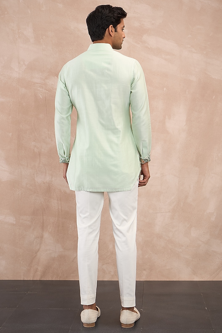 Mint Green Chanderi Silk Jaal Printed Nehru Jacket Set by ARJAN DUGAL at Pernia's Pop Up Shop
